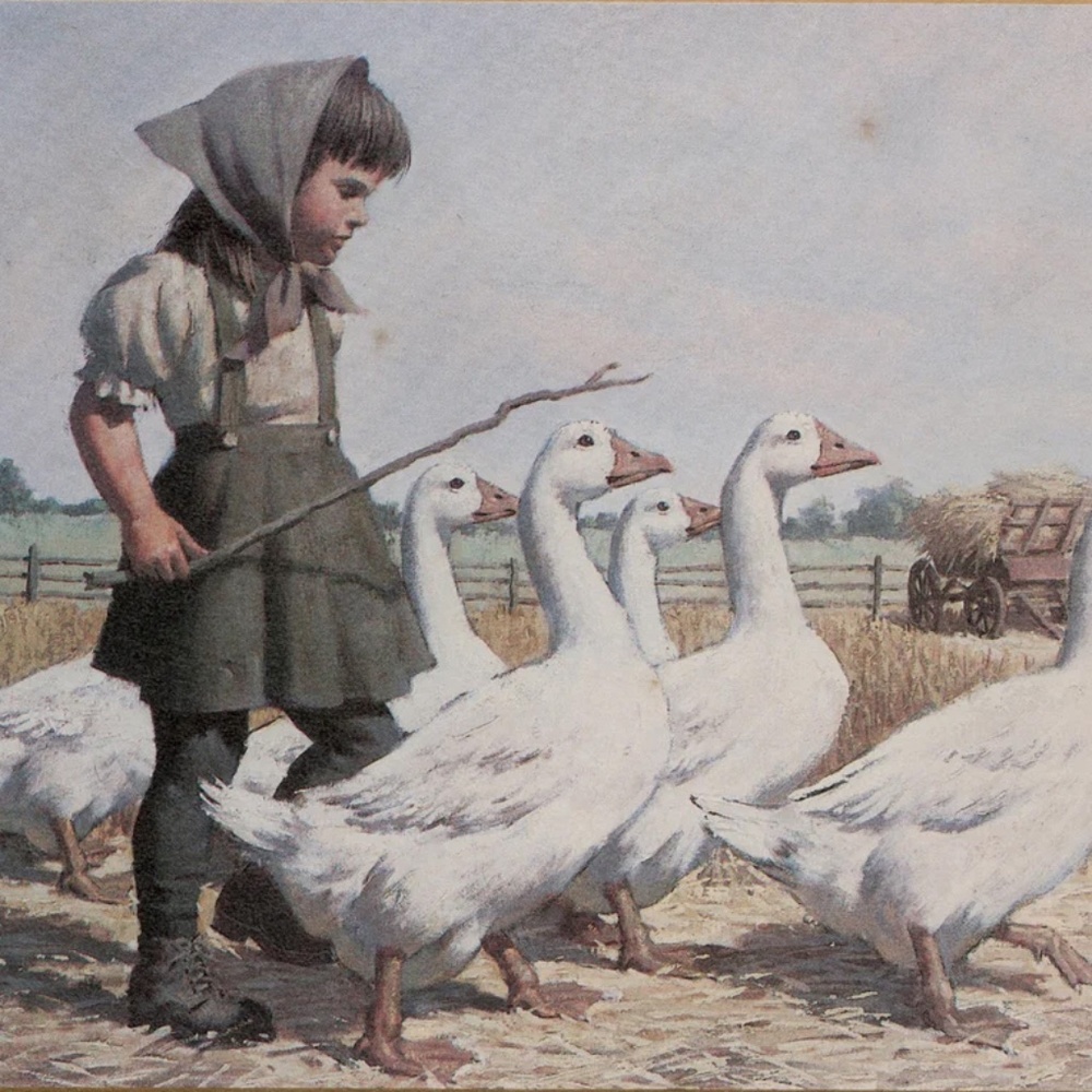 Vintage Art Print Little Girl with Geese, Nursery room art print,  cottage